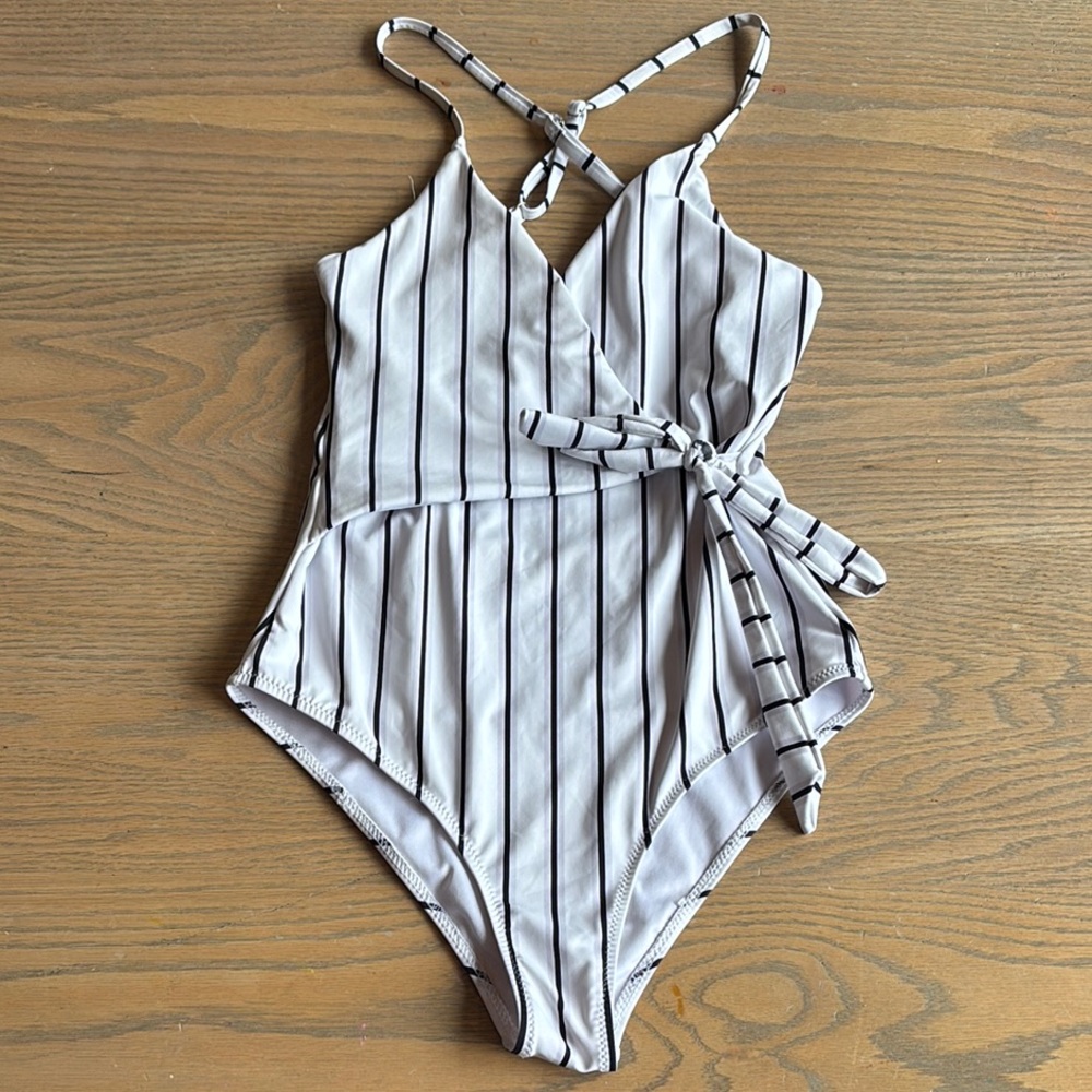 Striped One-Piece Cross-Tie Swimsuit